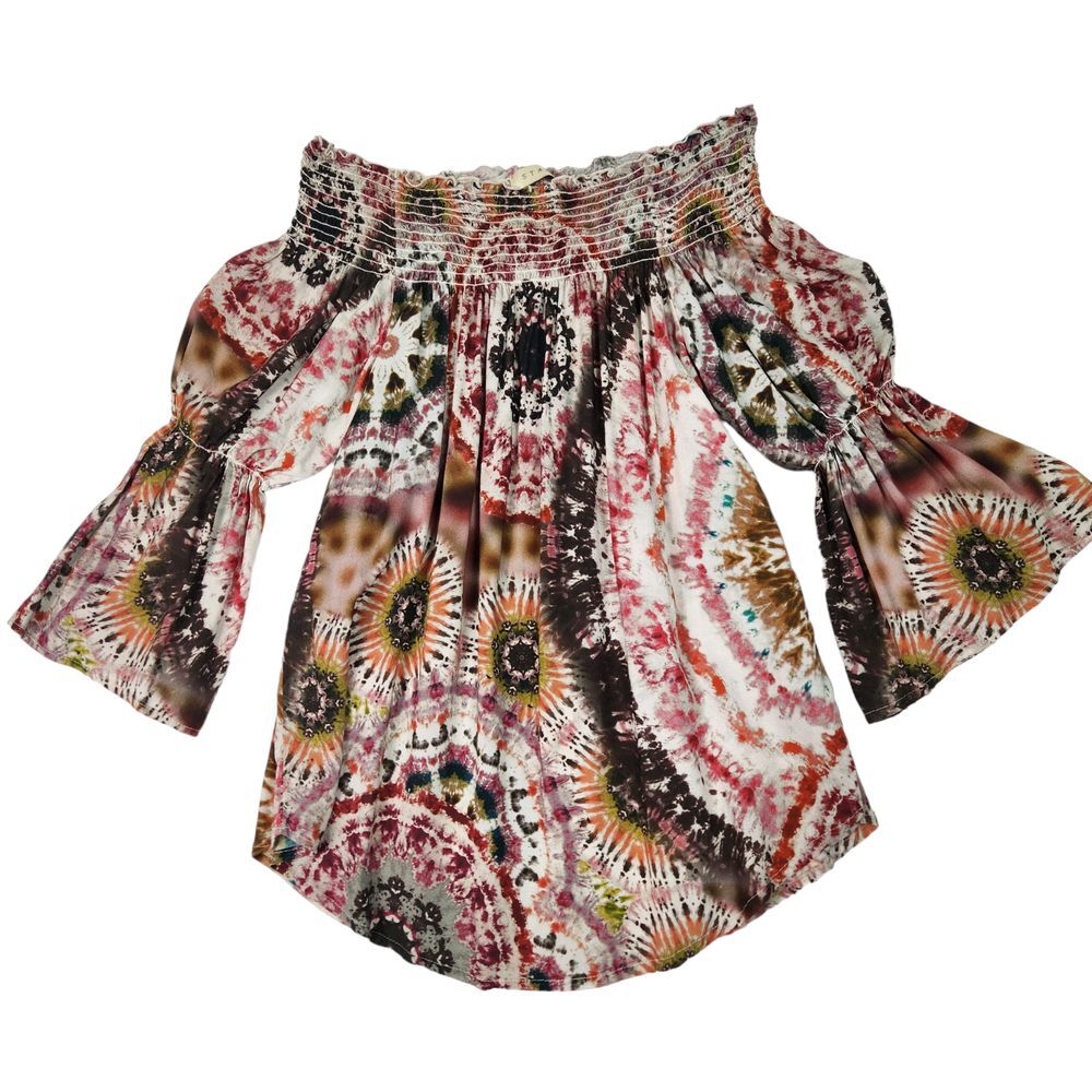 Stark Top Womens Size S Tie Dyed Off the Shoulder Smocked Juliet Sleeve Boho Y2K